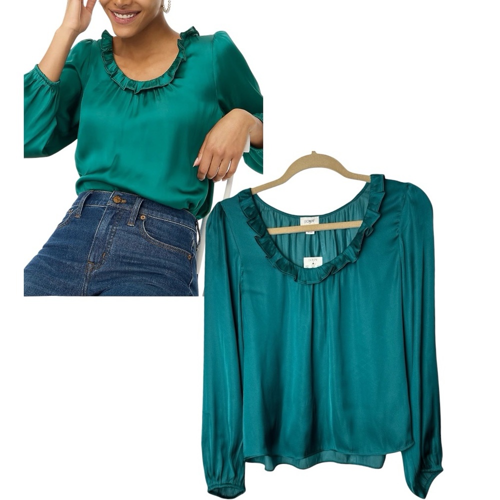J Crew Women’s Long Sleeve Ruffle-neck Top In Vivid Jade Green Color Sz M